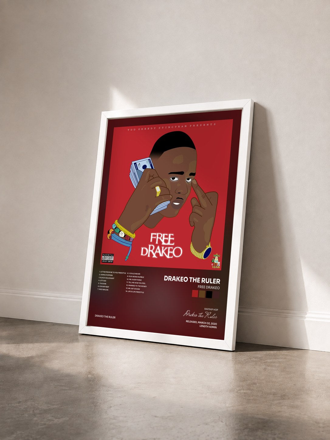 #blanc Tableau de l'album Free Drakeo de Drakeo the Ruler vu de trois quarts, cadre blanc