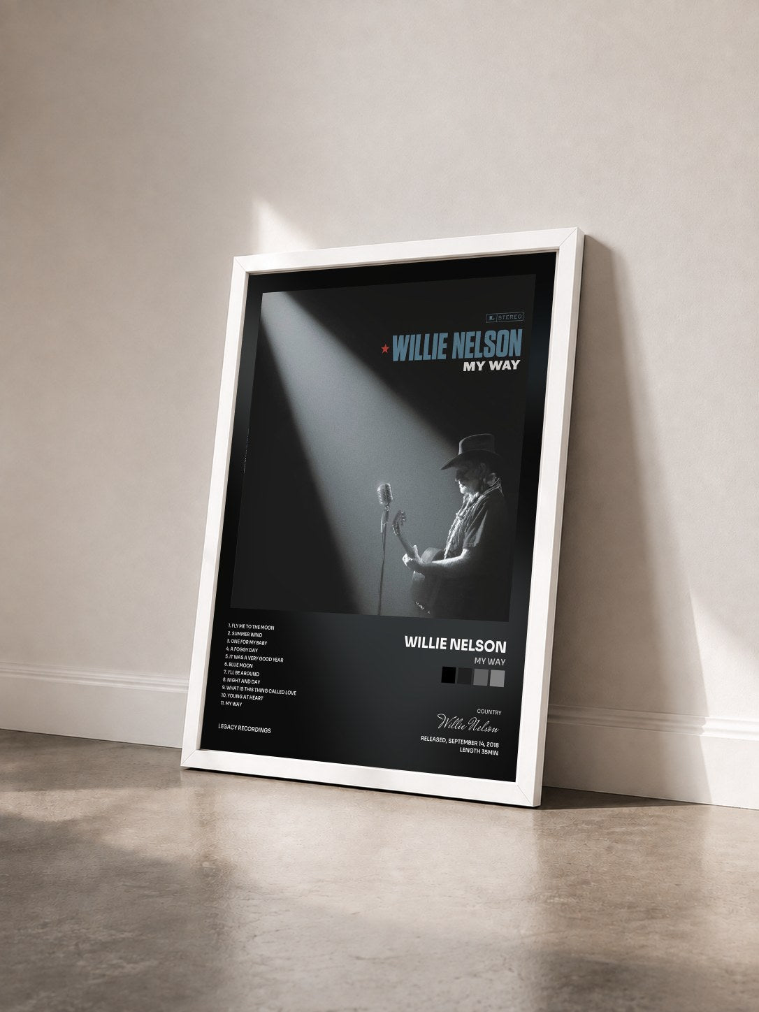 #blanc Tableau de l'album My Way de Willie Nelson vu de trois quarts, cadre blanc