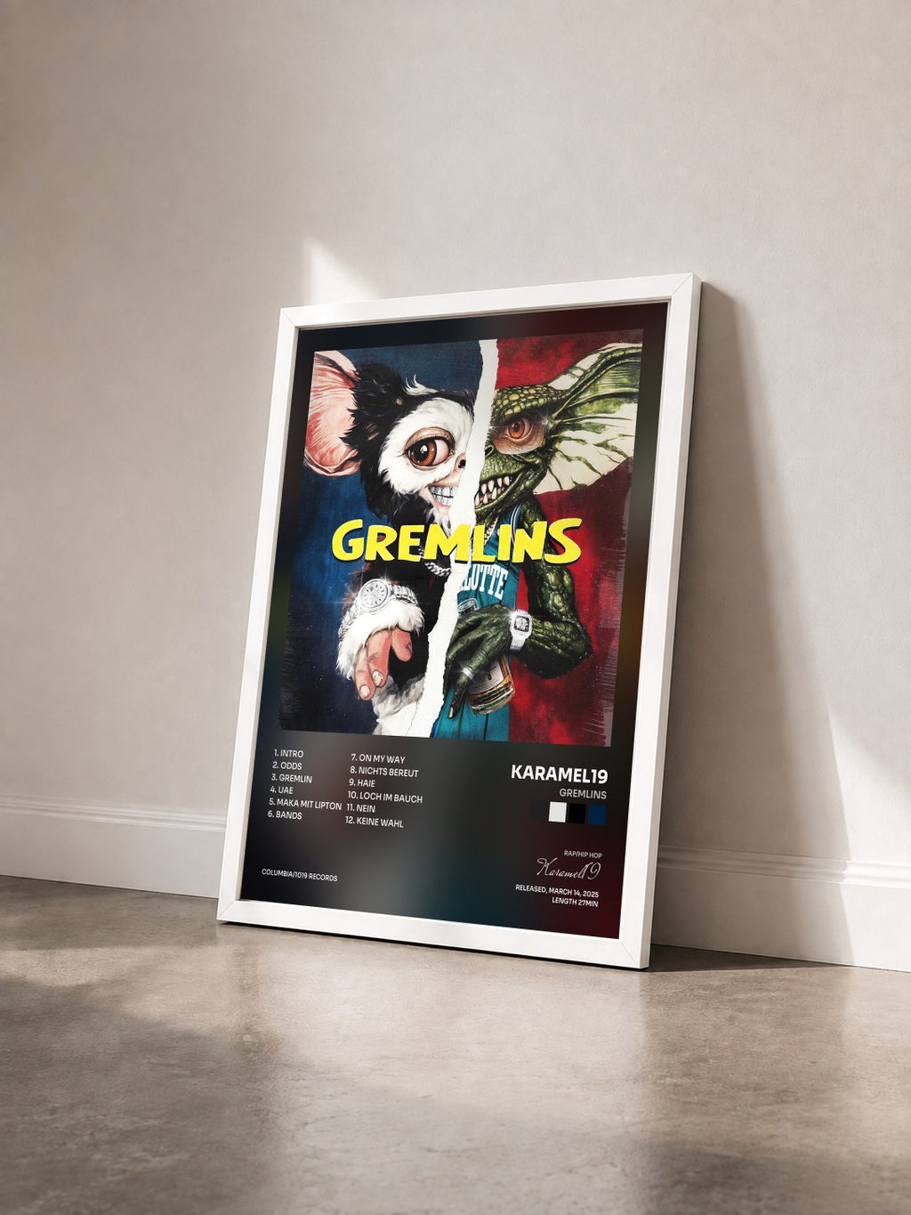 #blanc Tableau de l'album Gremlins de Karamel19 vu de trois quarts, cadre blanc
