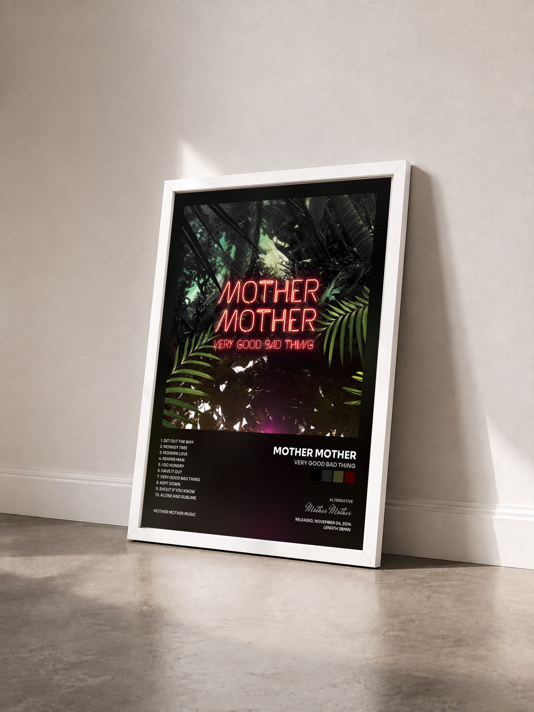 #blanc Tableau de l'album Very Good Bad Thing de Mother Mother vu de trois quarts, cadre blanc
