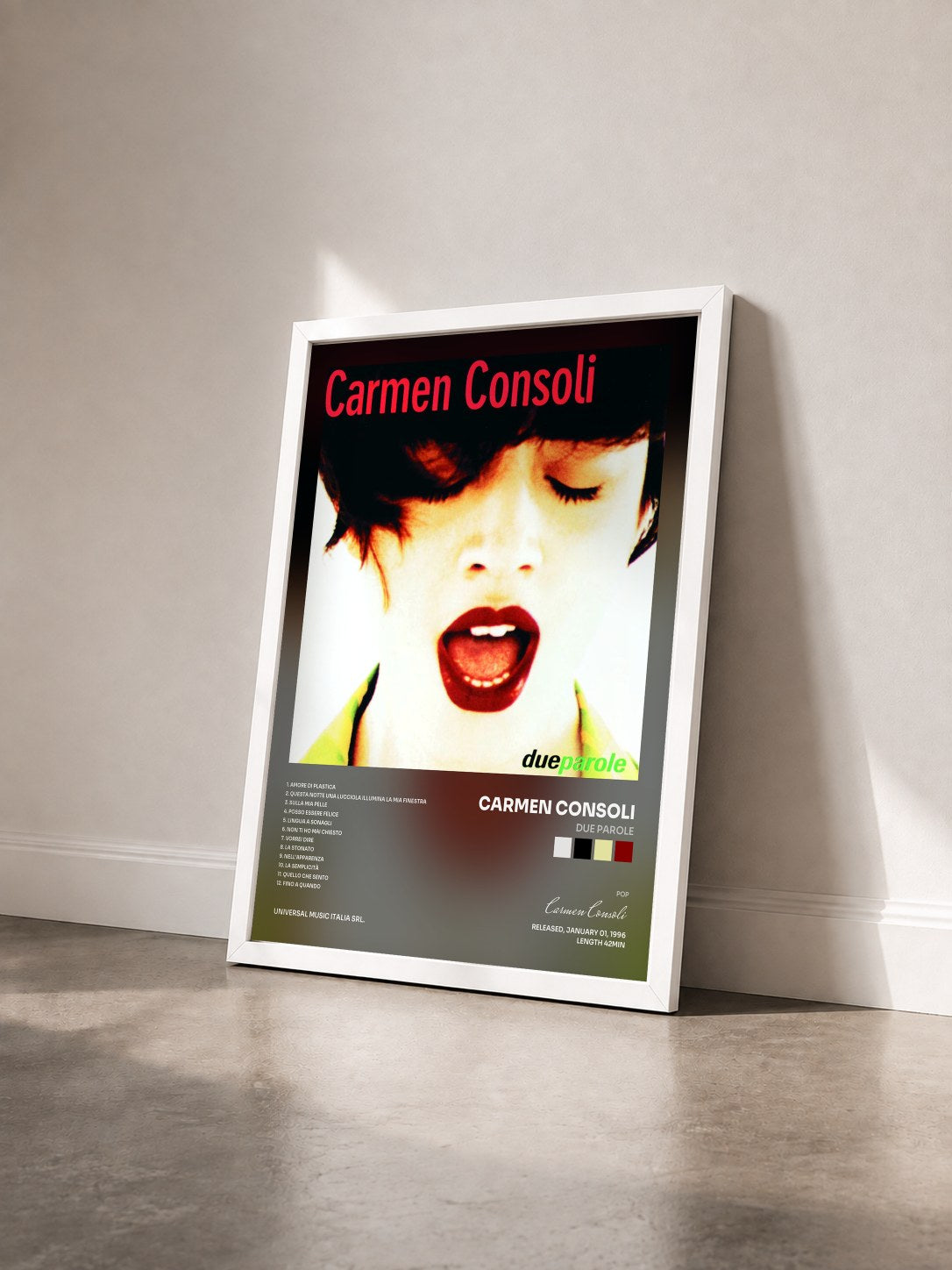 #blanc Tableau de l'album Due Parole de Carmen Consoli vu de trois quarts, cadre blanc