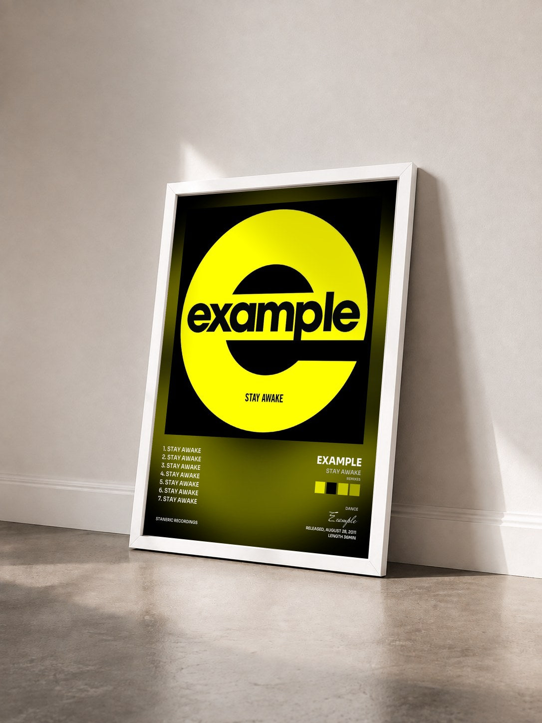 #blanc Tableau de l'album Stay Awake (Remixes) de Example vu de trois quarts, cadre blanc