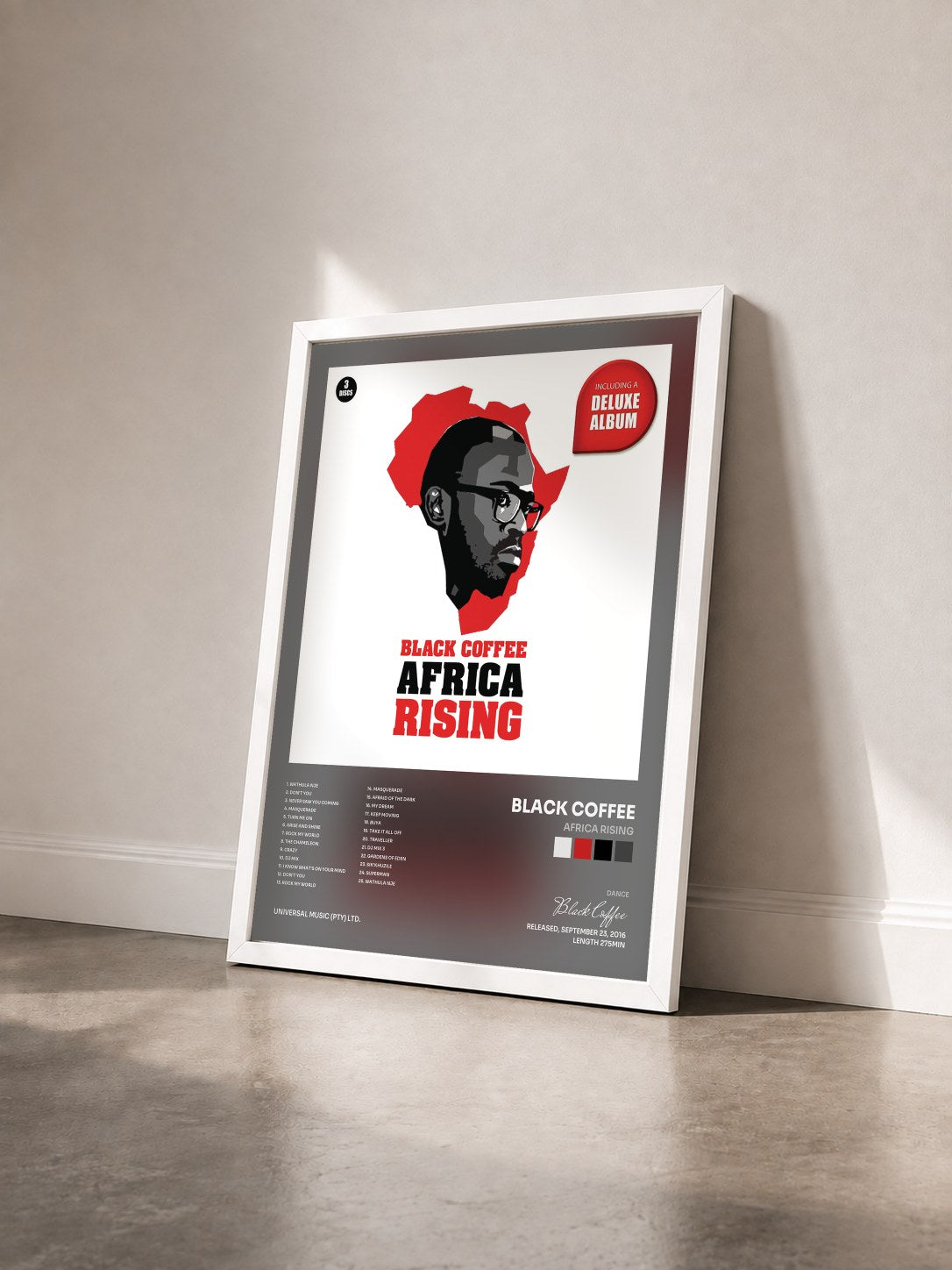 #blanc Tableau de l'album Africa Rising de Black Coffee vu de trois quarts, cadre blanc