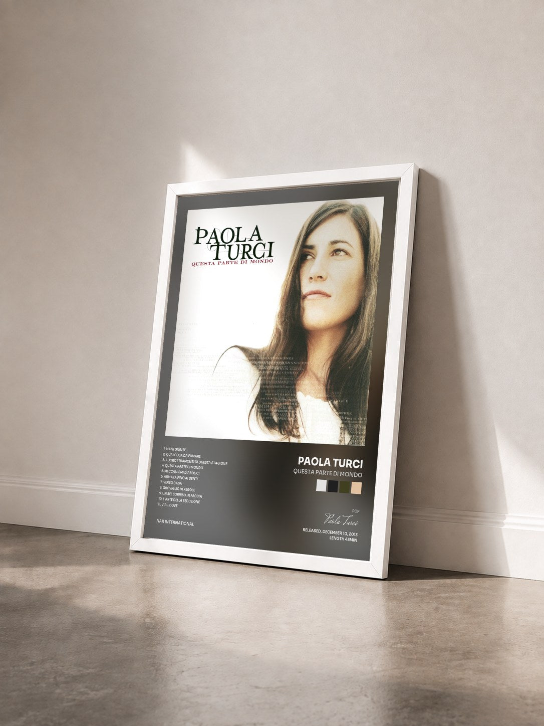 #blanc Tableau de l'album Questa Parte Di Mondo de Paola Turci vu de trois quarts, cadre blanc