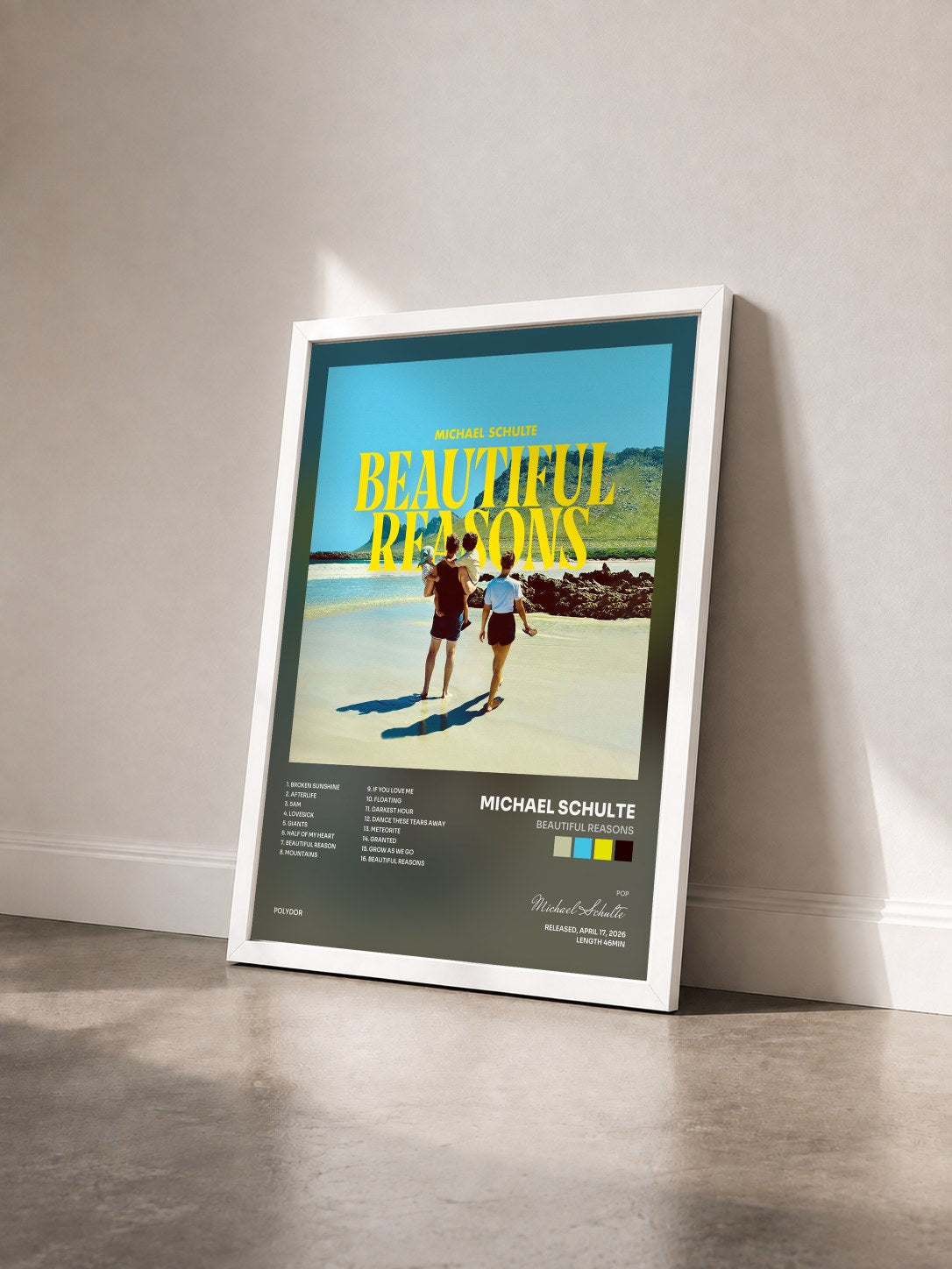 #blanc Tableau de l'album Beautiful Reasons de Michael Schulte vu de trois quarts, cadre blanc