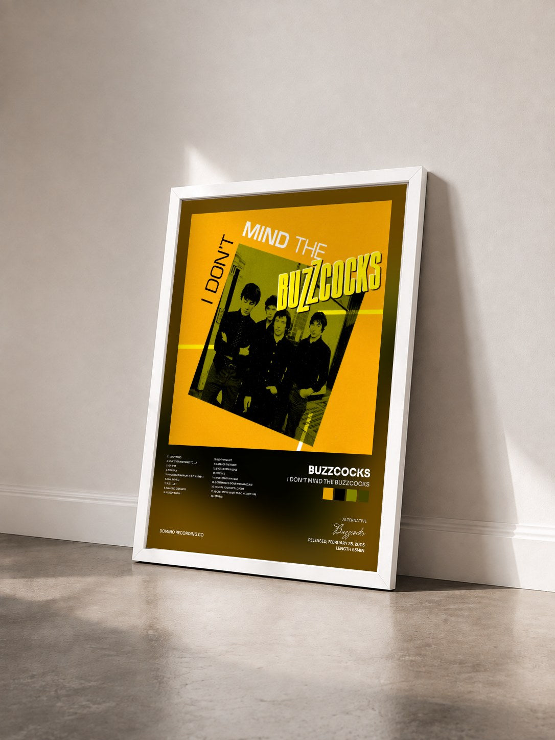 #blanc Tableau de l'album I Don't Mind The Buzzcocks de Buzzcocks vu de trois quarts, cadre blanc