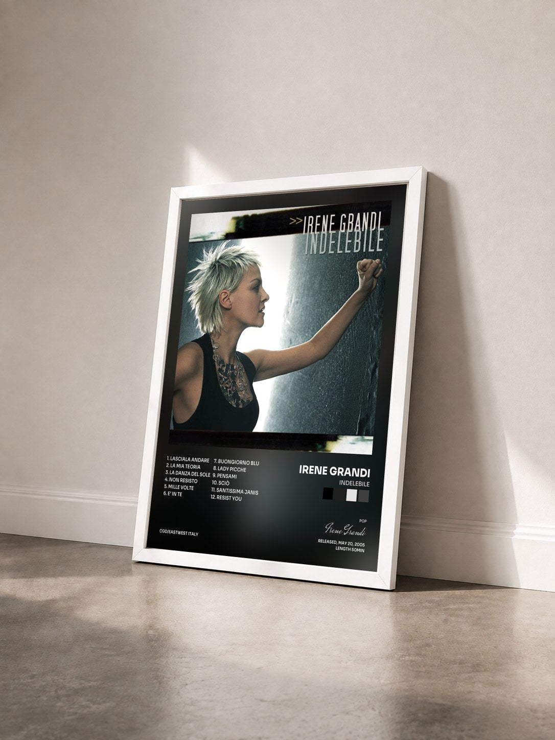 #blanc Tableau de l'album Indelebile de Irene Grandi vu de trois quarts, cadre blanc