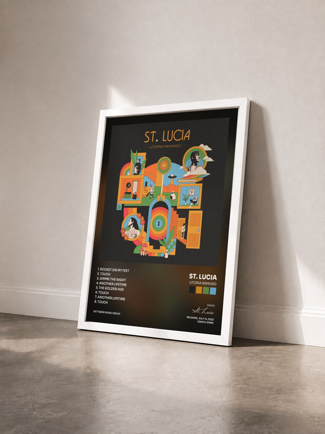 #blanc Tableau de l'album Utopia Remixed de St. Lucia vu de trois quarts, cadre blanc