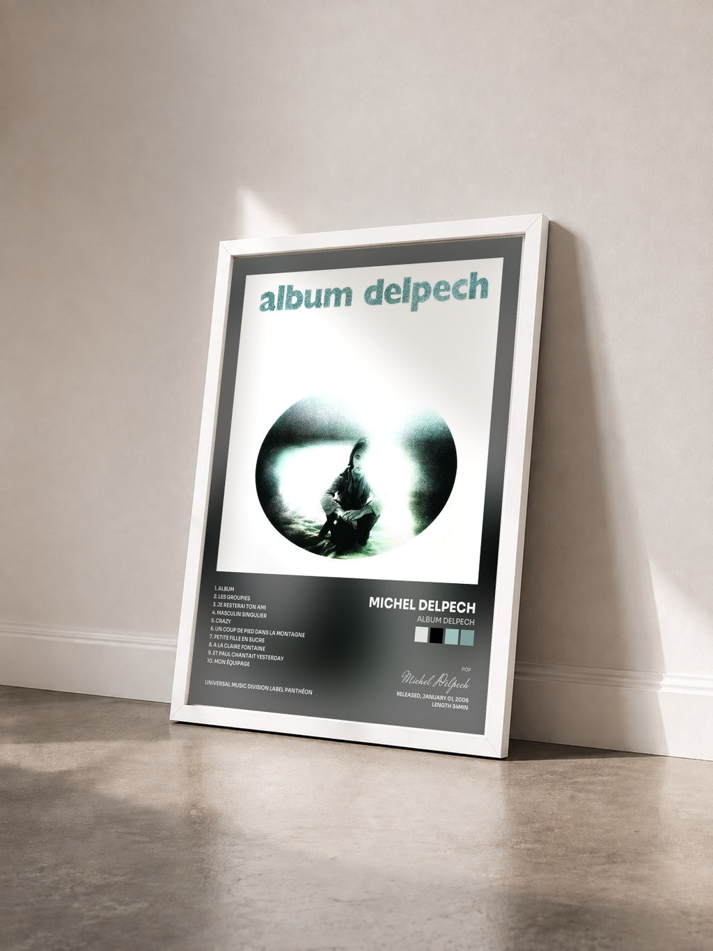 #blanc Album Delpech by Michel Delpech as a framed art print seen at an angle, white frame
