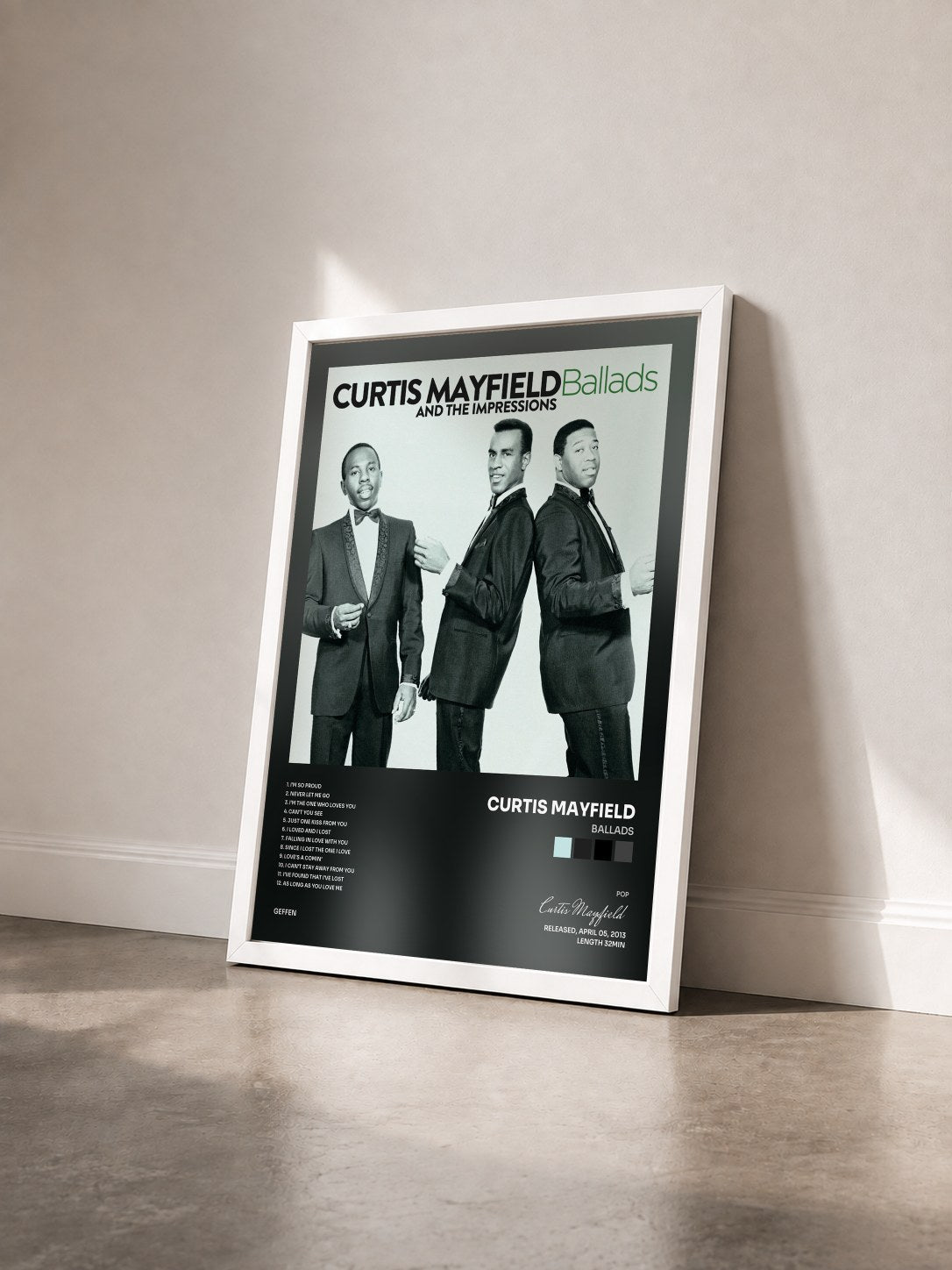 #blanc Tableau de l'album Ballads de Curtis Mayfield vu de trois quarts, cadre blanc