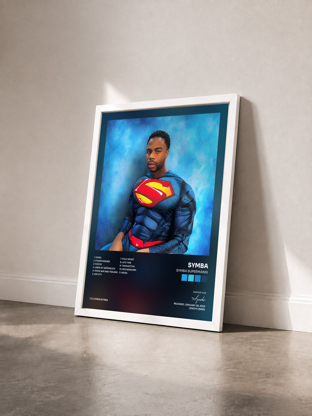 #blanc Tableau de l'album Symba Supermann de Symba vu de trois quarts, cadre blanc