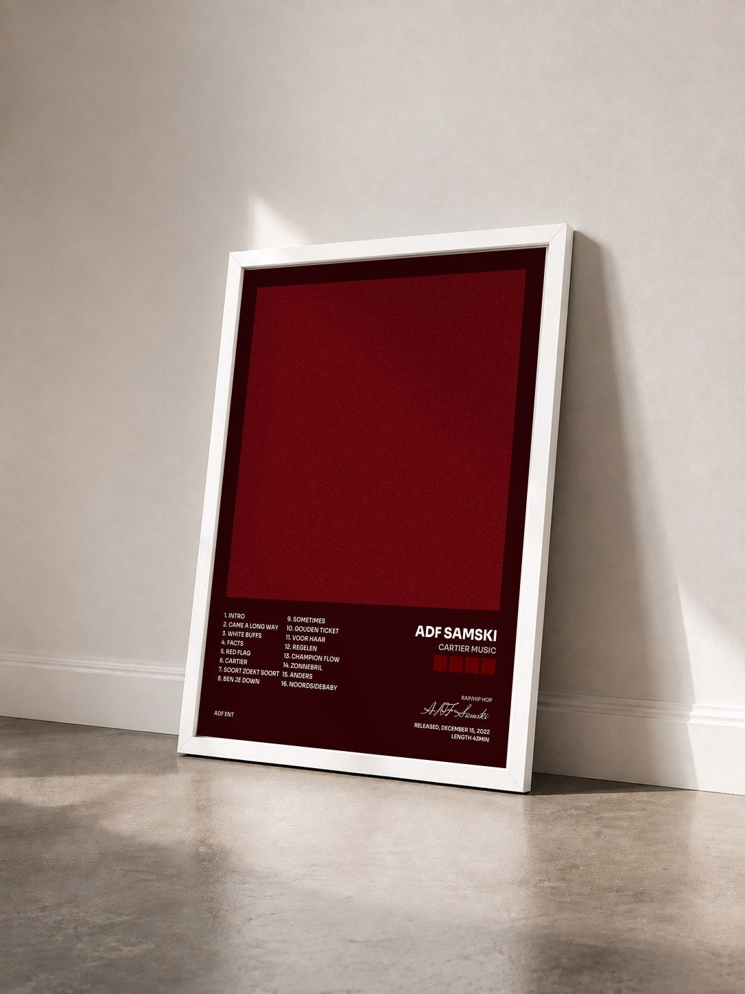 #blanc Tableau de l'album Cartier Music de ADF Samski vu de trois quarts, cadre blanc