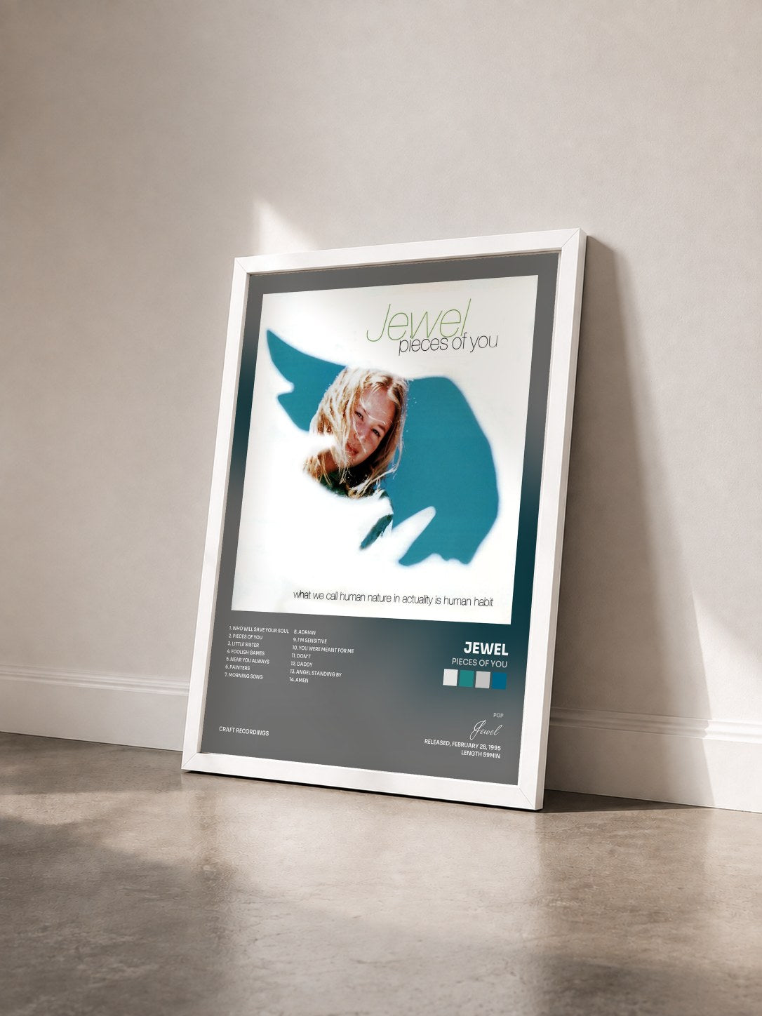 #blanc Tableau de l'album Pieces Of You de Jewel vu de trois quarts, cadre blanc
