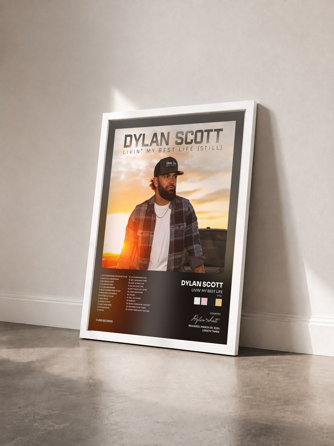 #blanc Tableau de l'album Livin' My Best Life (Still) de Dylan Scott vu de trois quarts, cadre blanc