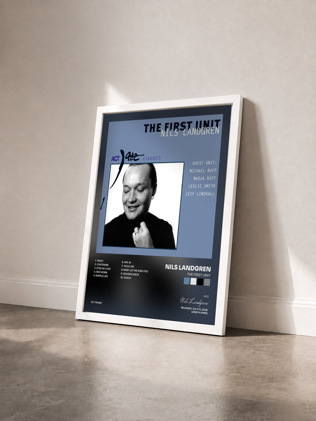#blanc Tableau de l'album The First Unit de Nils Landgren vu de trois quarts, cadre blanc
