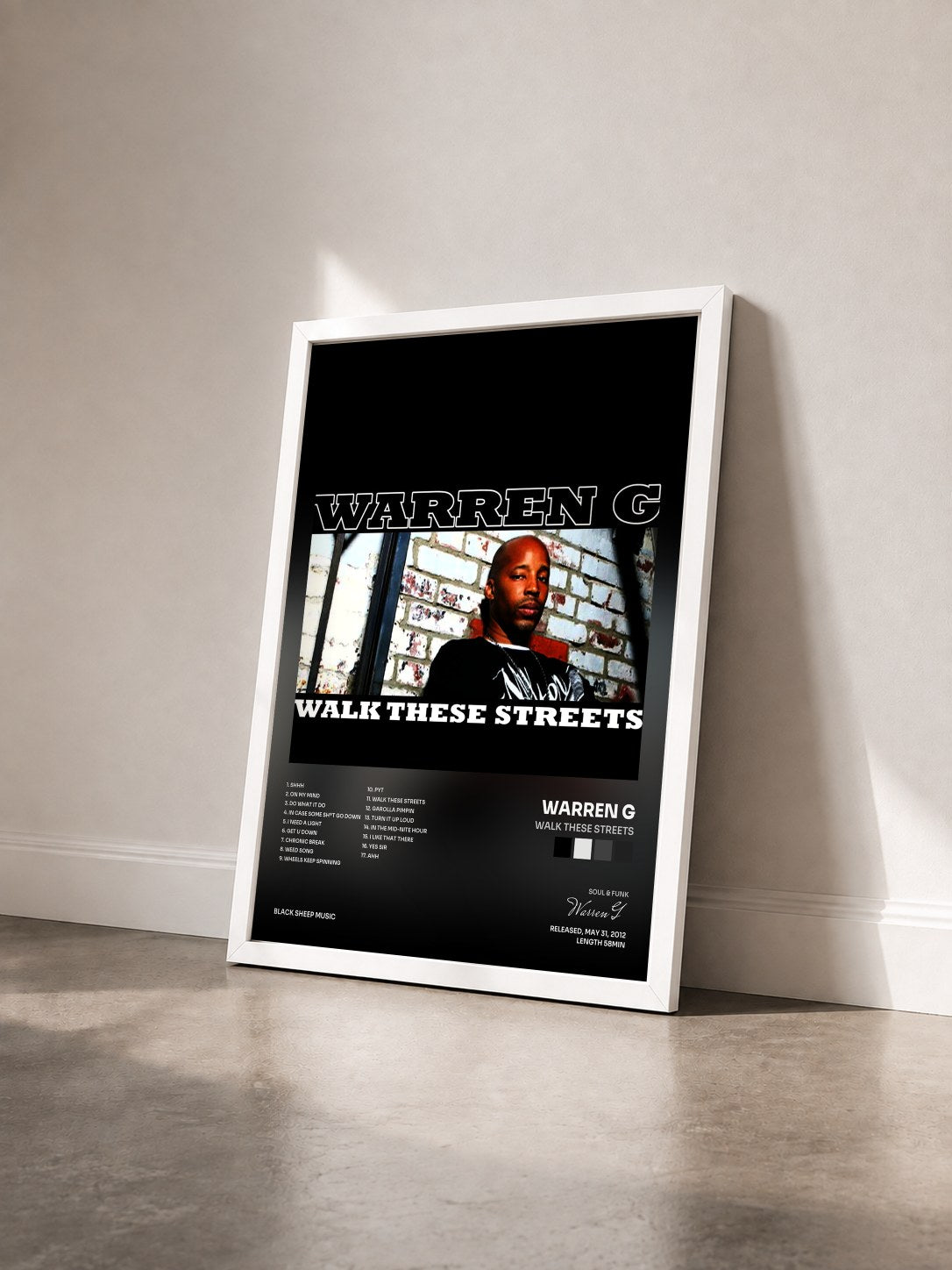 #blanc Tableau de l'album Walk These Streets de Warren G vu de trois quarts, cadre blanc