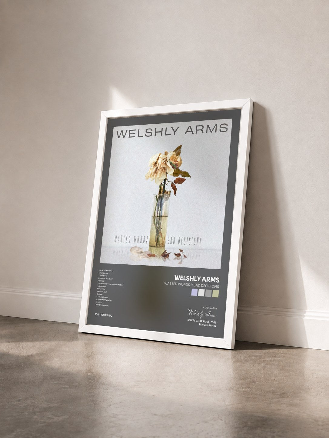 #blanc Tableau de l'album Wasted Words & Bad Decisions de Welshly Arms vu de trois quarts, cadre blanc