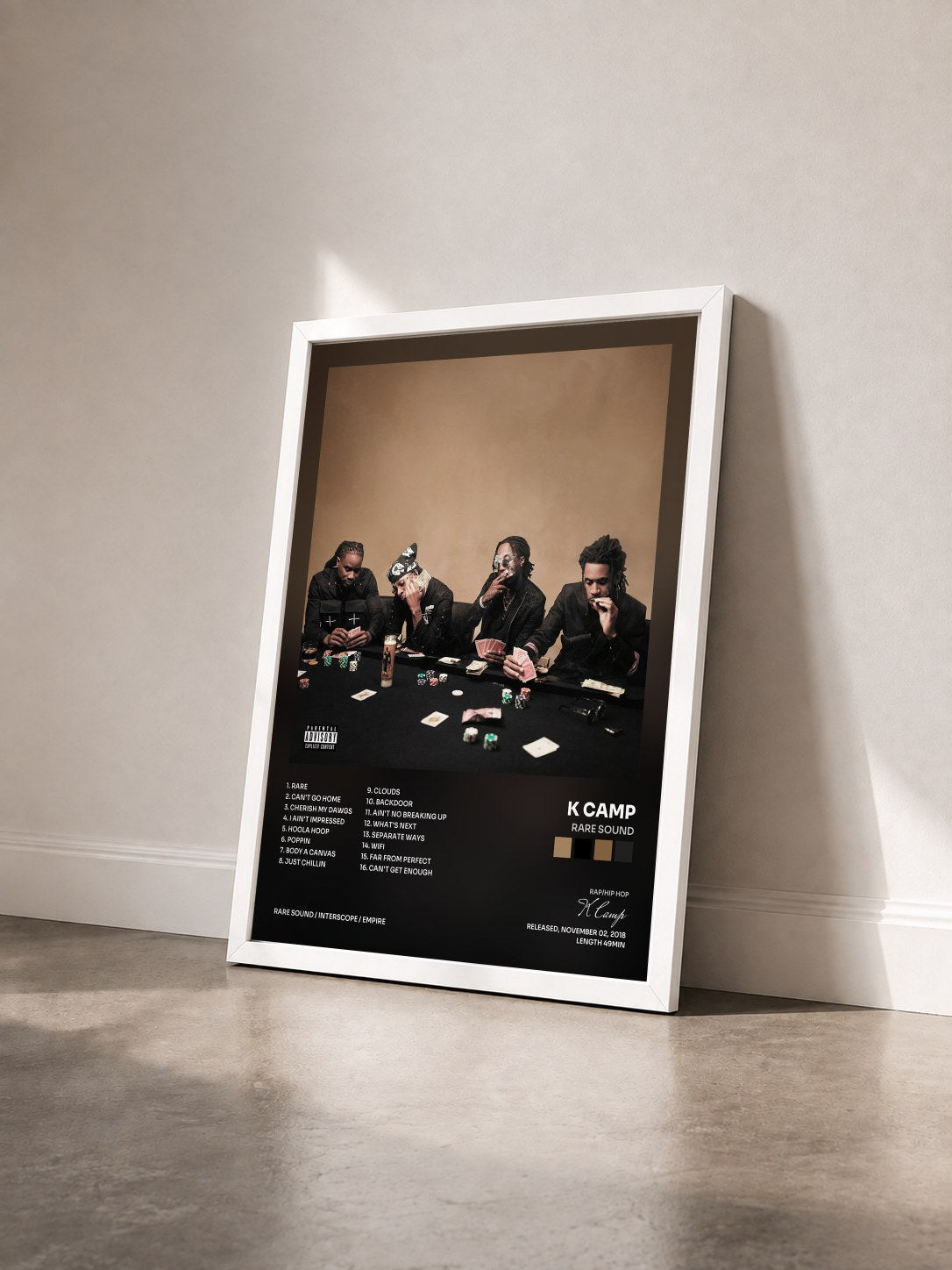 #blanc Tableau de l'album RARE Sound de K Camp vu de trois quarts, cadre blanc