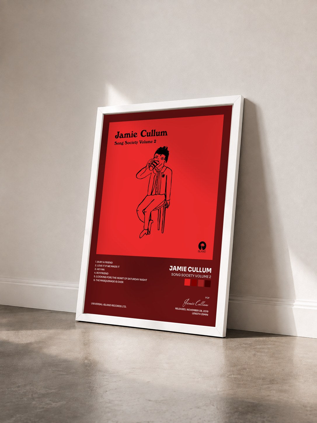 #blanc Tableau de l'album Song Society Volume 2 de Jamie Cullum vu de trois quarts, cadre blanc
