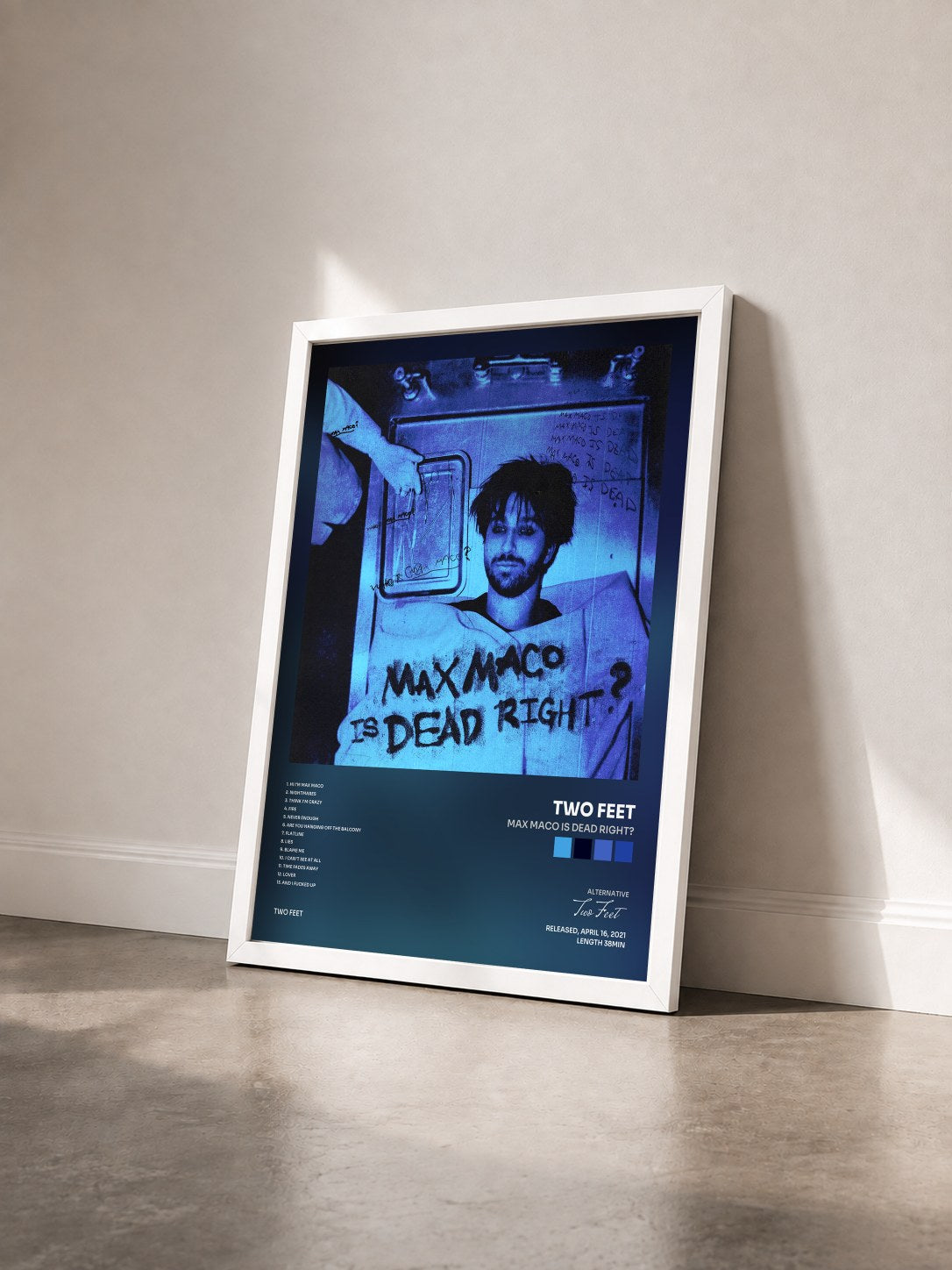 #blanc Tableau de l'album Max Maco Is Dead Right? de Two Feet vu de trois quarts, cadre blanc