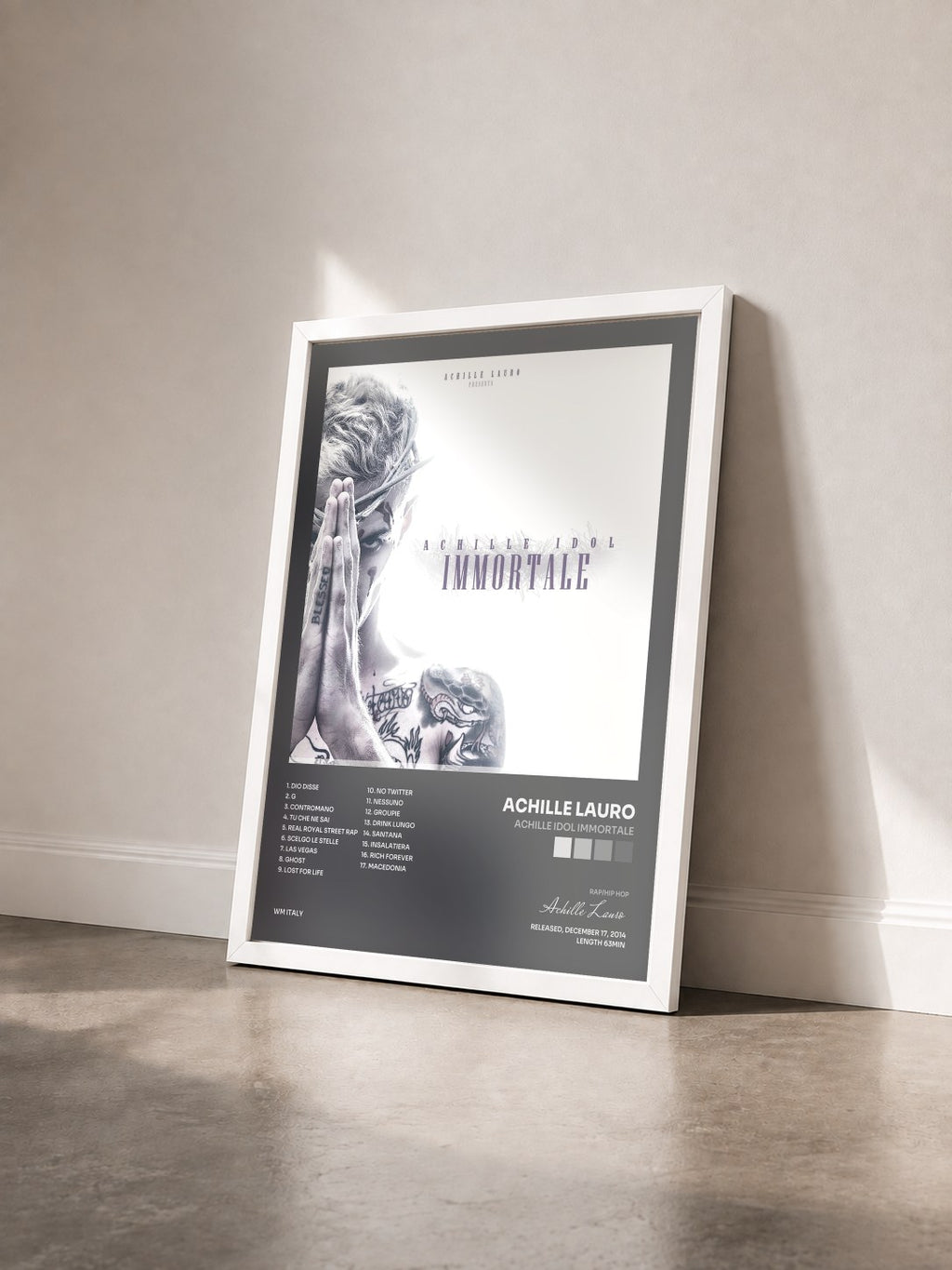 #blanc Achille Idol Immortale by Achille Lauro as a framed art print seen at an angle, white frame