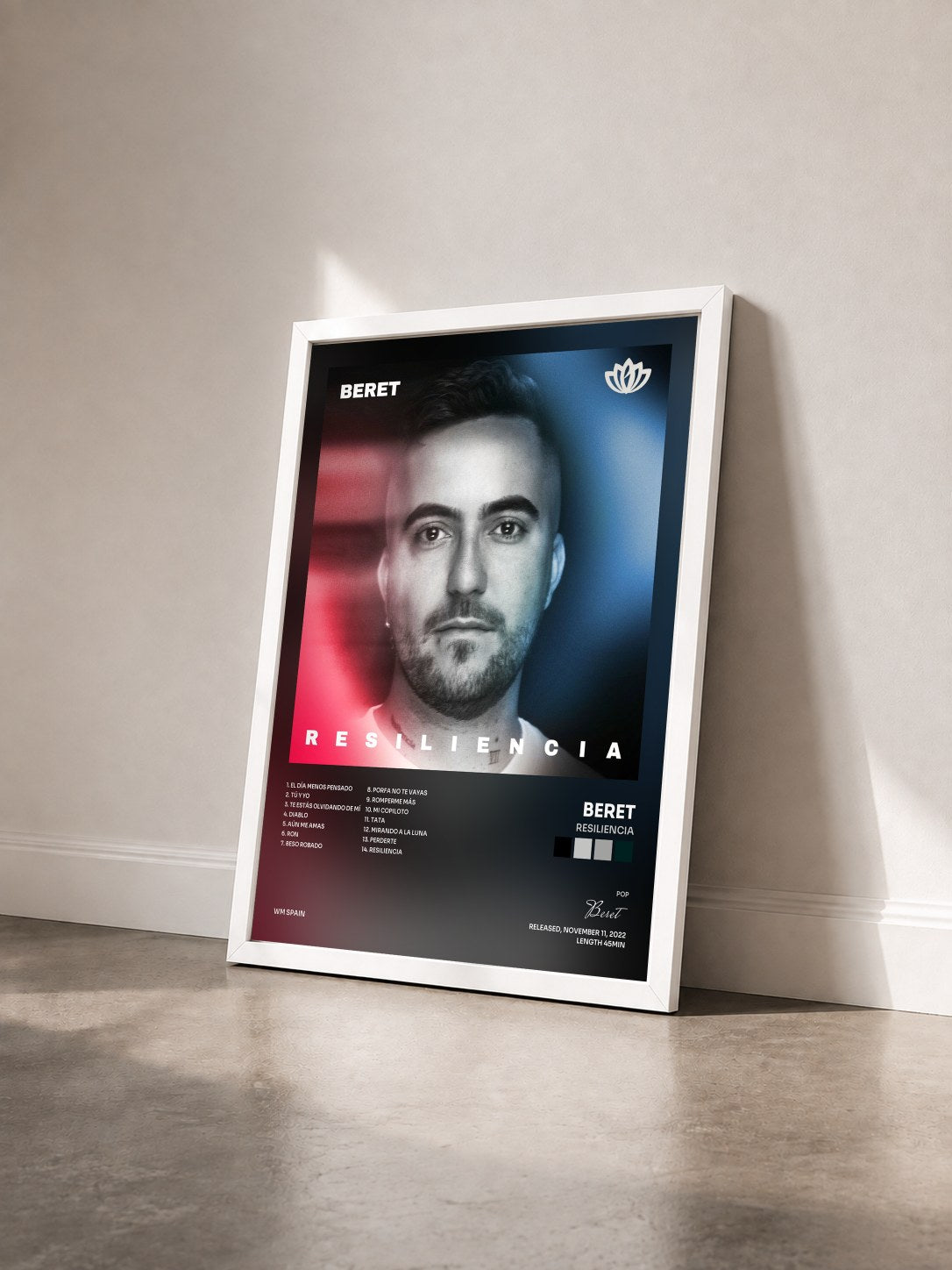 #blanc Tableau de l'album Resiliencia de Beret vu de trois quarts, cadre blanc