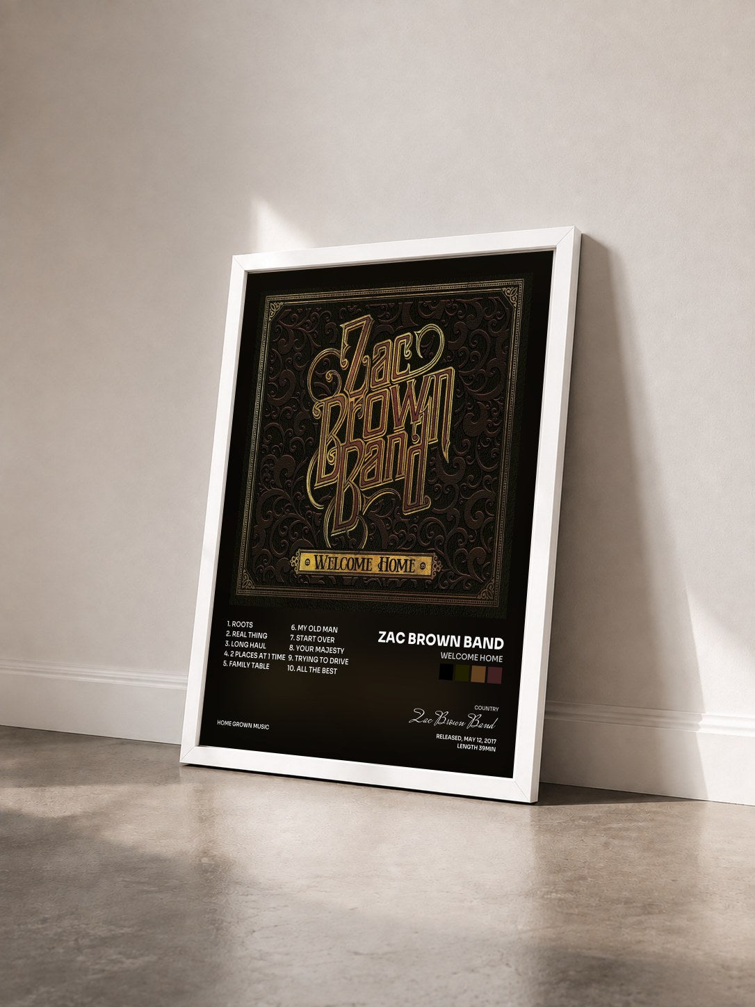 #blanc Tableau de l'album Welcome Home de Zac Brown Band vu de trois quarts, cadre blanc