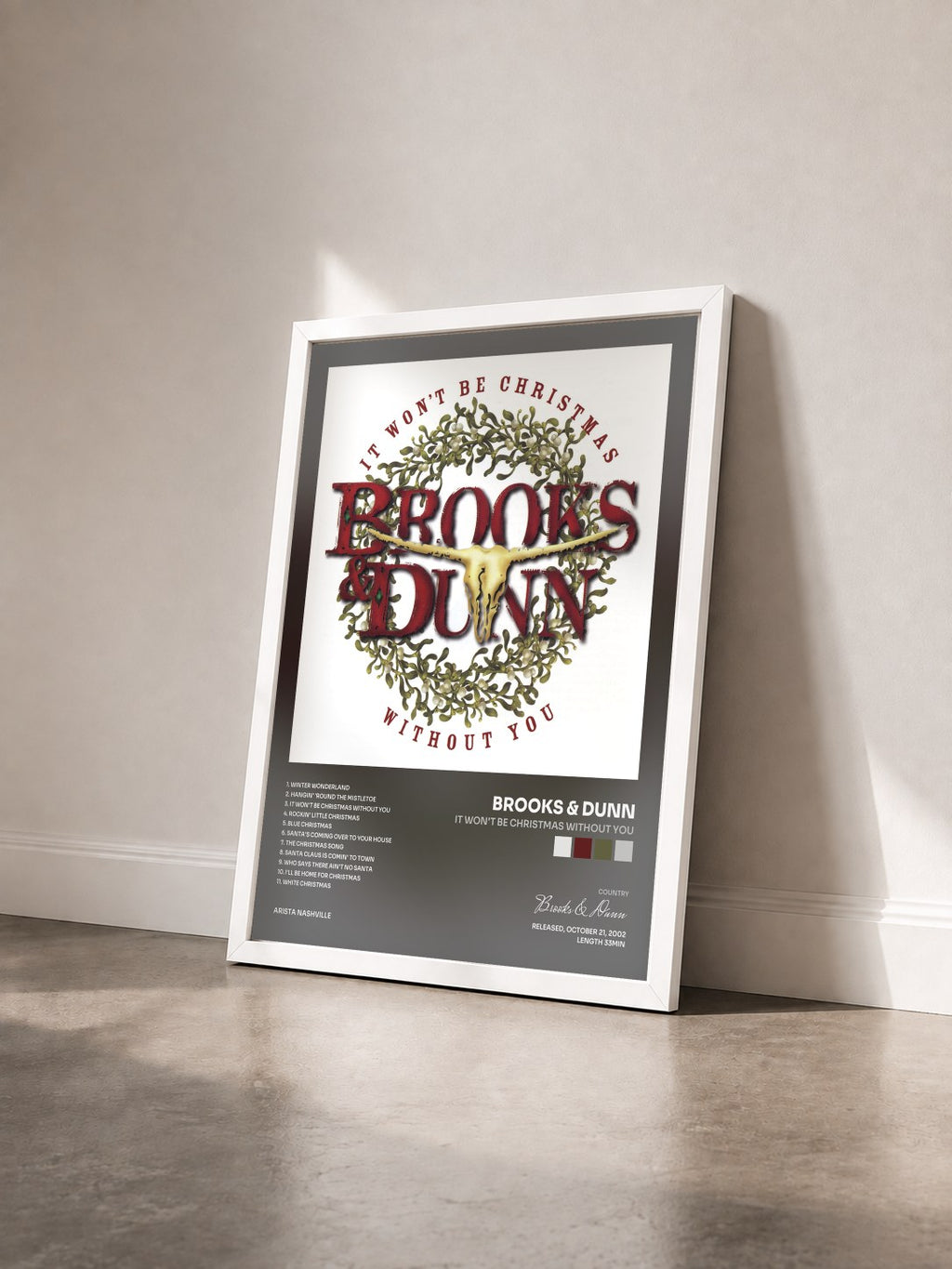 #blanc Tableau de l'album It Won't Be Christmas Without You de Brooks & Dunn vu de trois quarts, cadre blanc