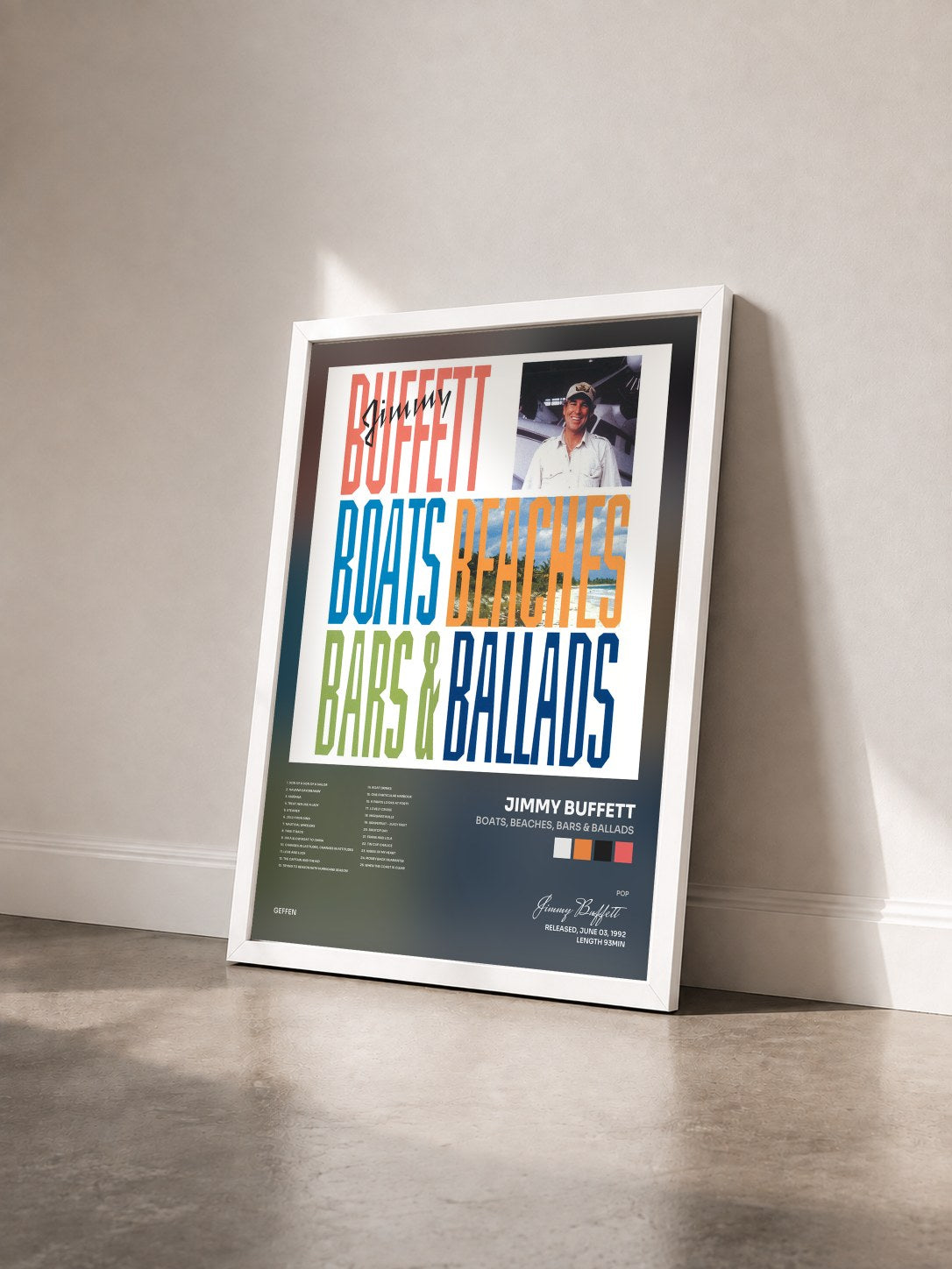 #blanc Tableau de l'album Boats, Beaches, Bars & Ballads de Jimmy Buffett vu de trois quarts, cadre blanc