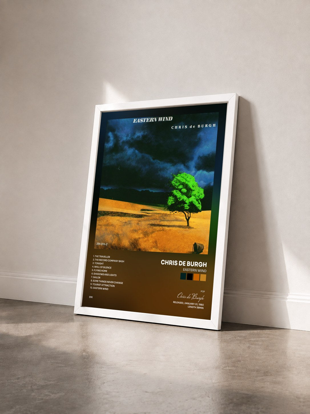 #blanc Tableau de l'album Eastern Wind de Chris de Burgh vu de trois quarts, cadre blanc