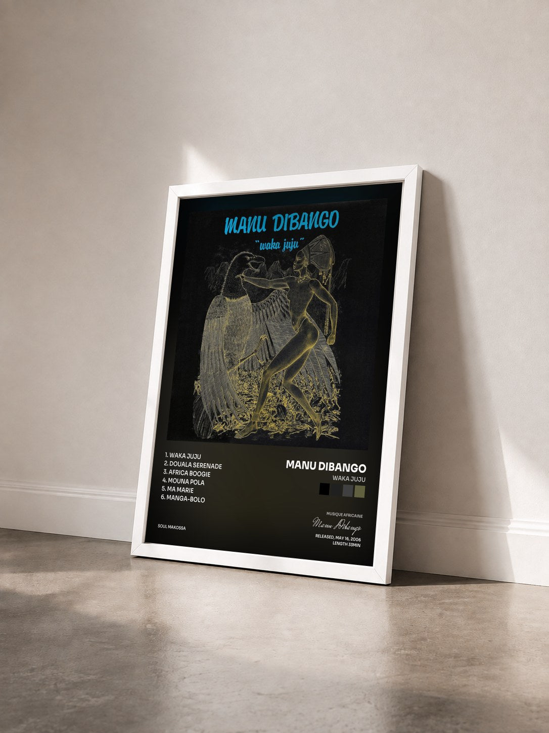 #blanc Tableau de l'album Waka Juju de Manu Dibango vu de trois quarts, cadre blanc