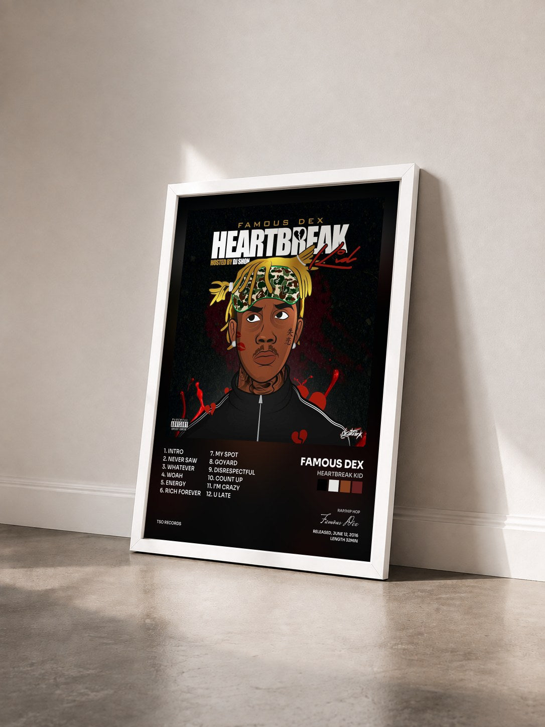 #blanc Tableau de l'album Heartbreak Kid de Famous Dex vu de trois quarts, cadre blanc