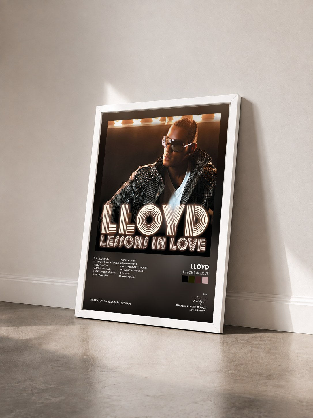 #blanc Tableau de l'album Lessons In Love de Lloyd vu de trois quarts, cadre blanc