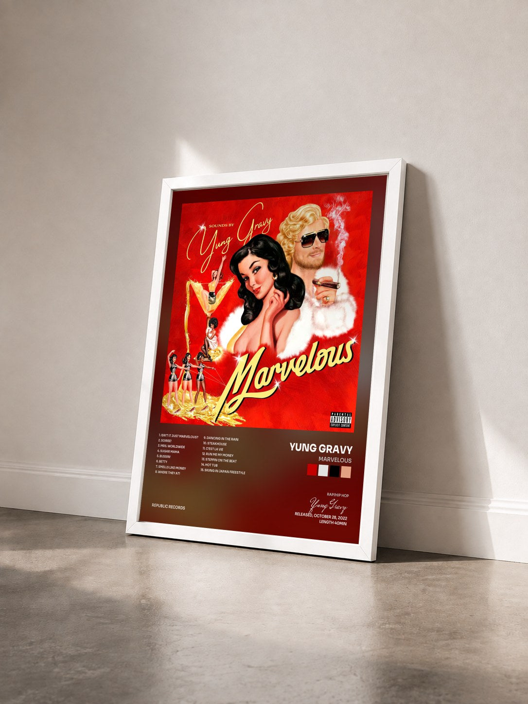 #blanc Tableau de l'album Marvelous de Yung Gravy vu de trois quarts, cadre blanc