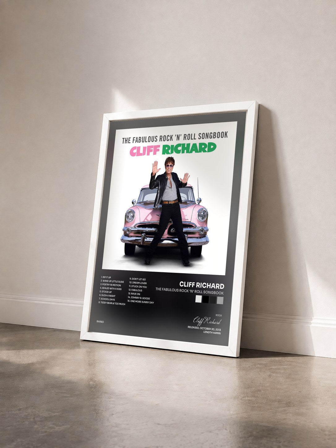 #blanc Tableau de l'album The Fabulous Rock 'n' Roll Songbook de Cliff Richard vu de trois quarts, cadre blanc