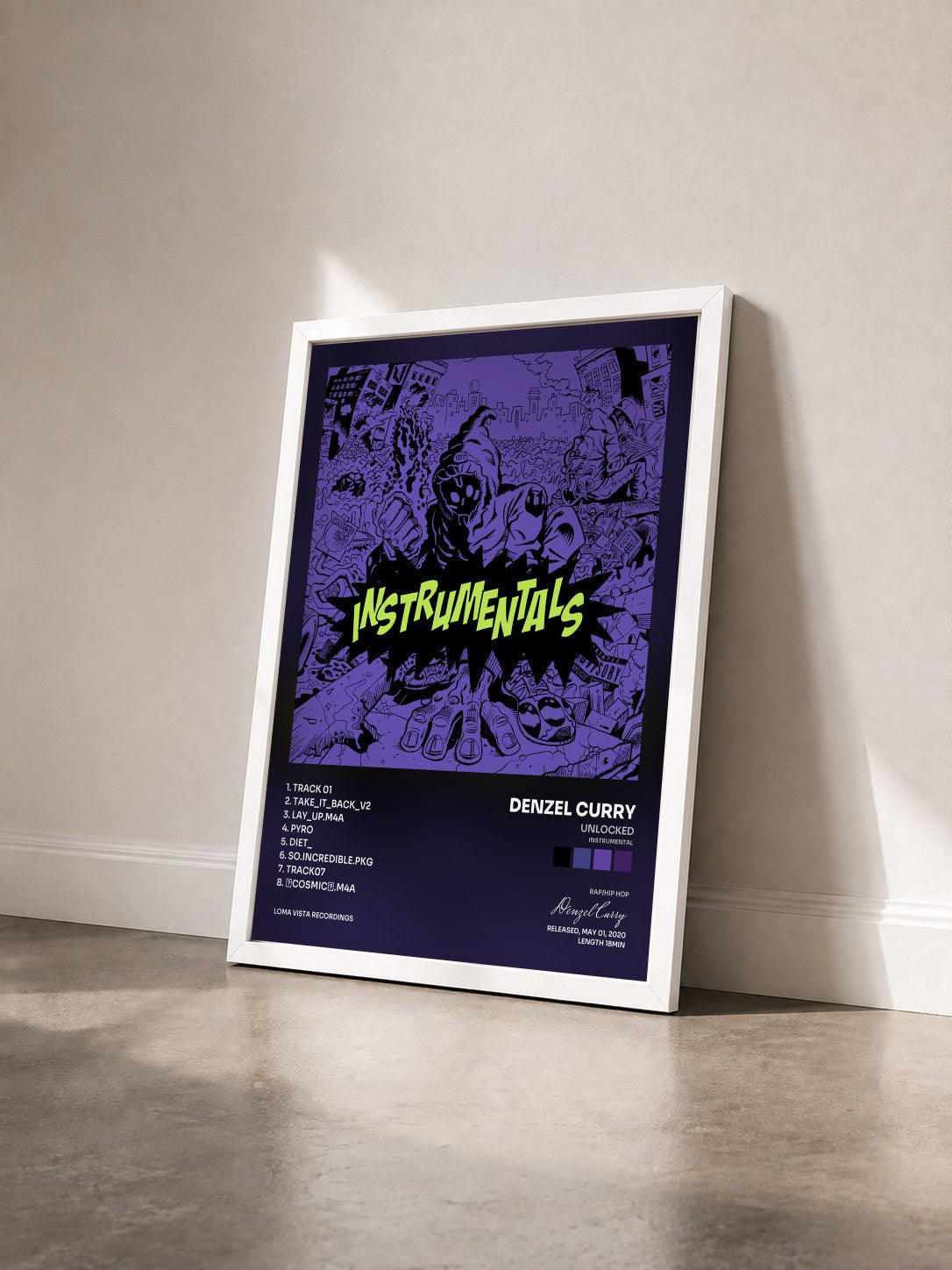 #blanc Tableau de l'album UNLOCKED (Instrumental) de Denzel Curry vu de trois quarts, cadre blanc