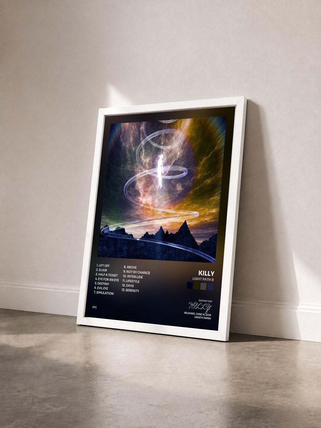 #blanc Tableau de l'album Light Path 8 de KILLY vu de trois quarts, cadre blanc