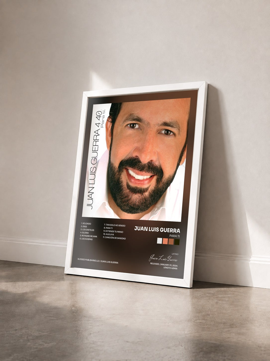 #blanc Tableau de l'album Para Ti de Juan Luis Guerra vu de trois quarts, cadre blanc