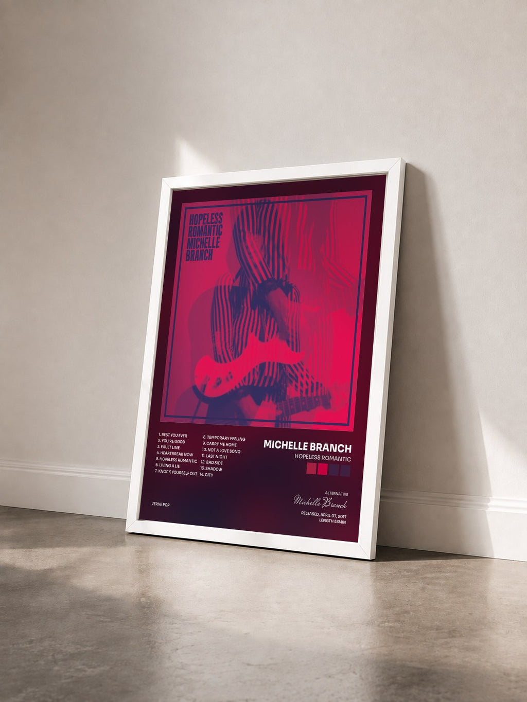 #blanc Hopeless Romantic by Michelle Branch as a framed art print seen at an angle, white frame