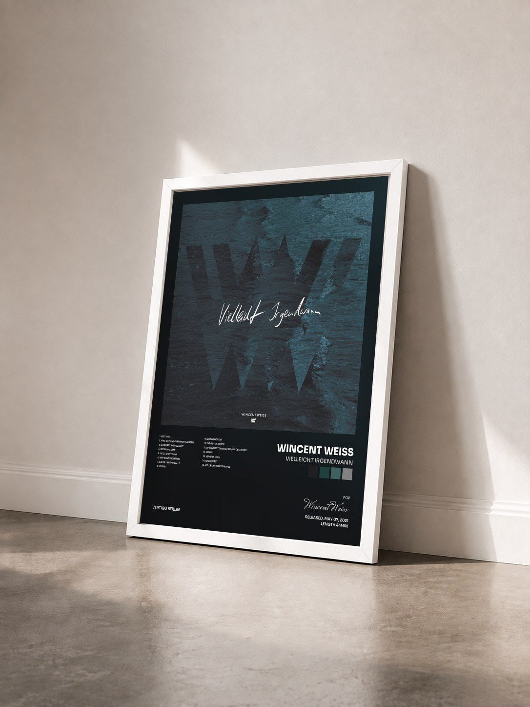 #blanc Tableau de l'album Vielleicht Irgendwann de Wincent Weiss vu de trois quarts, cadre blanc