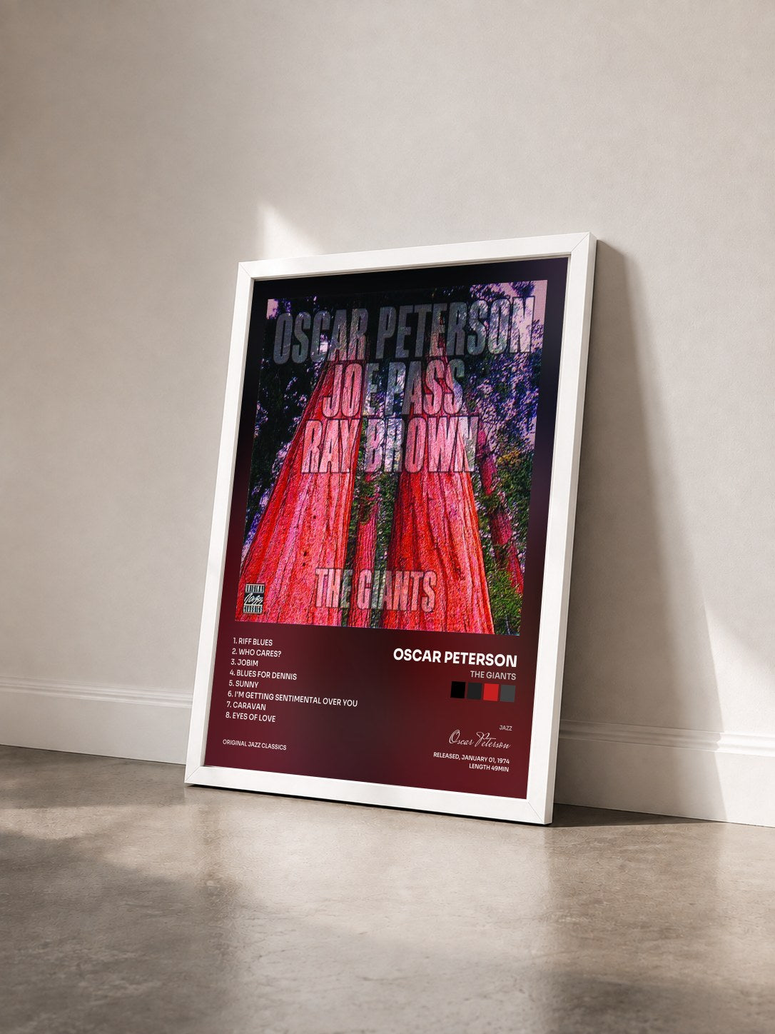 #blanc Tableau de l'album The Giants de Oscar Peterson vu de trois quarts, cadre blanc