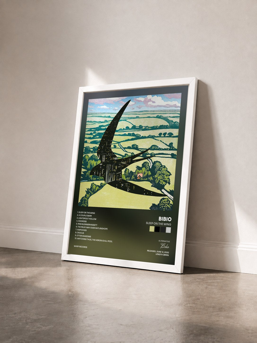 #blanc Tableau de l'album Sleep On The Wing de Bibio vu de trois quarts, cadre blanc