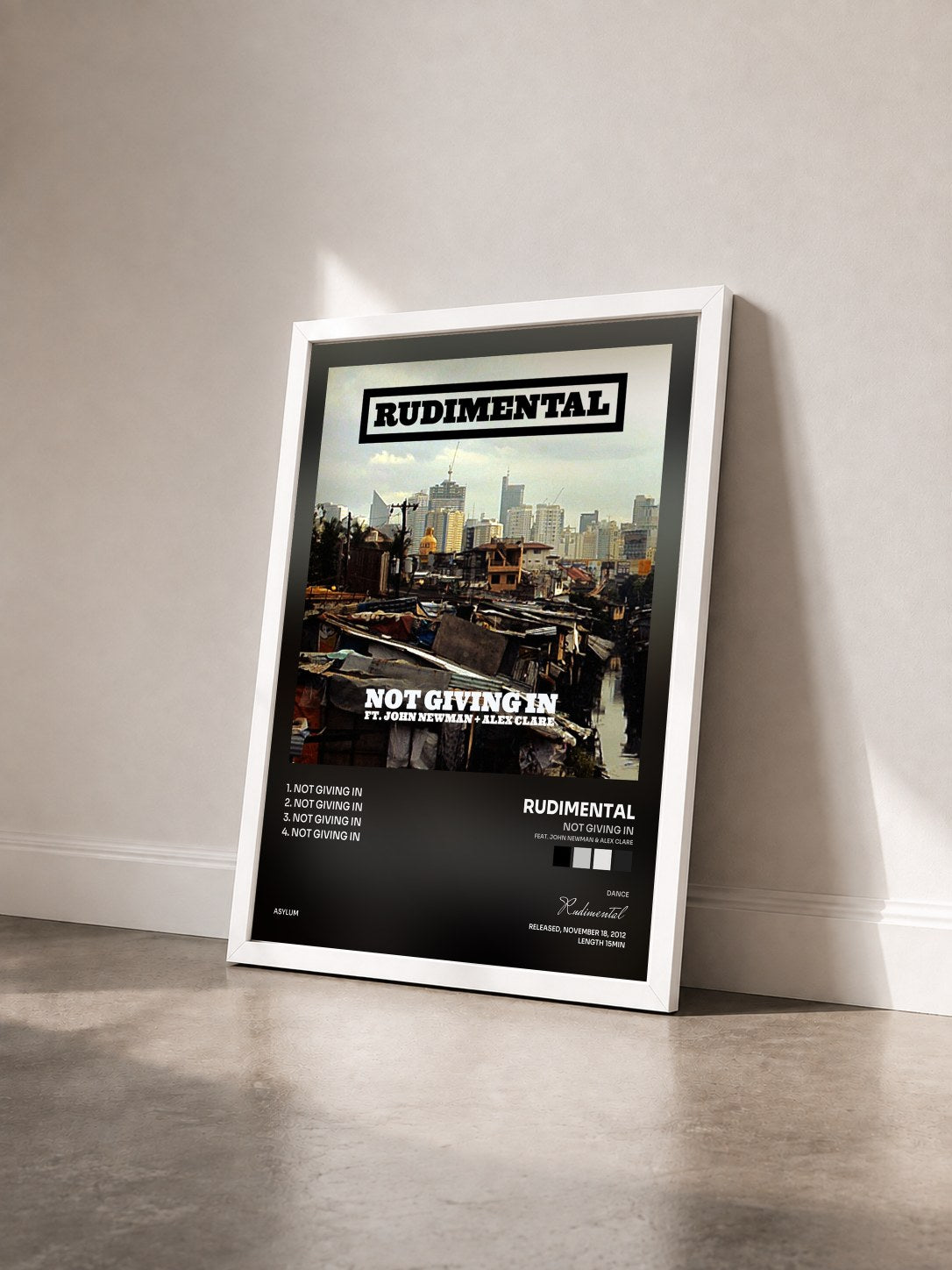 #blanc Tableau de l'album Not Giving In (feat. John Newman & Alex Clare) de Rudimental vu de trois quarts, cadre blanc
