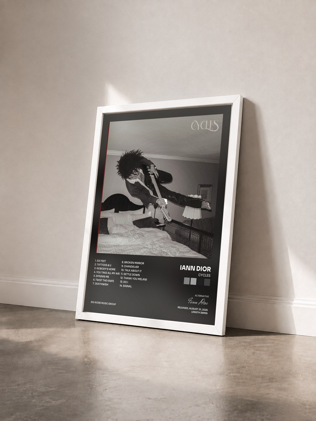 #blanc Tableau de l'album CYCLES de Iann Dior vu de trois quarts, cadre blanc
