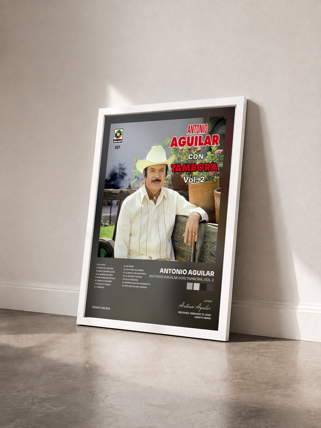 #blanc Tableau de l'album Antonio Aguilar Con Tambora, Vol. 2 de Antonio Aguilar vu de trois quarts, cadre blanc