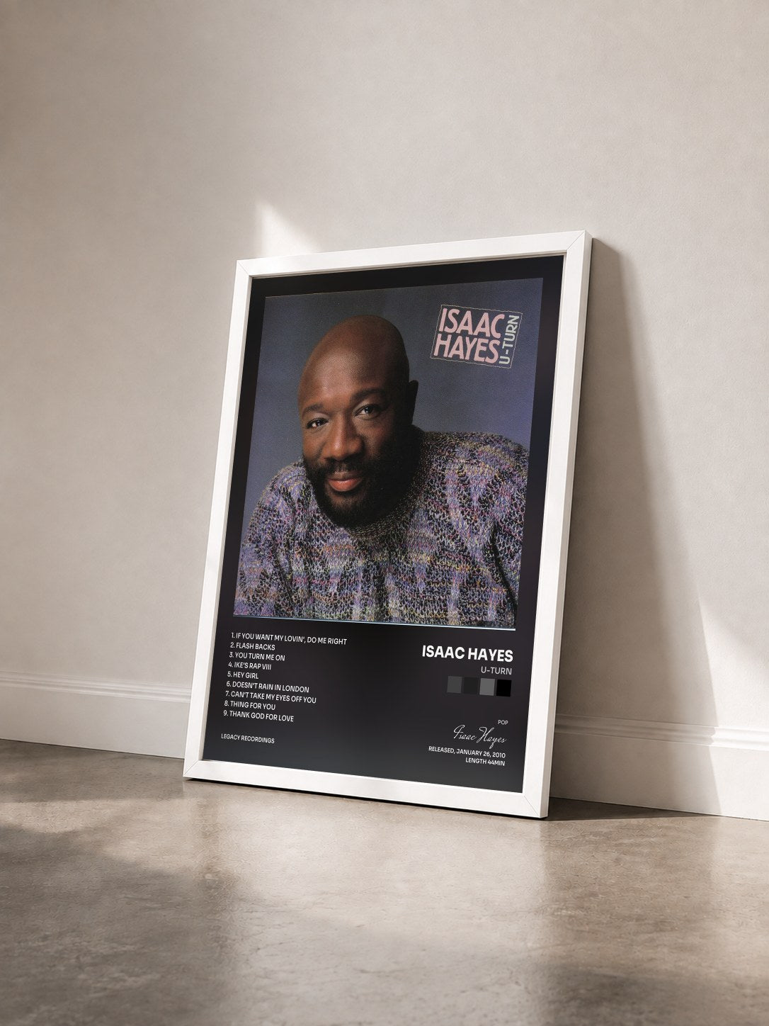 #blanc Tableau de l'album U-Turn de Isaac Hayes vu de trois quarts, cadre blanc