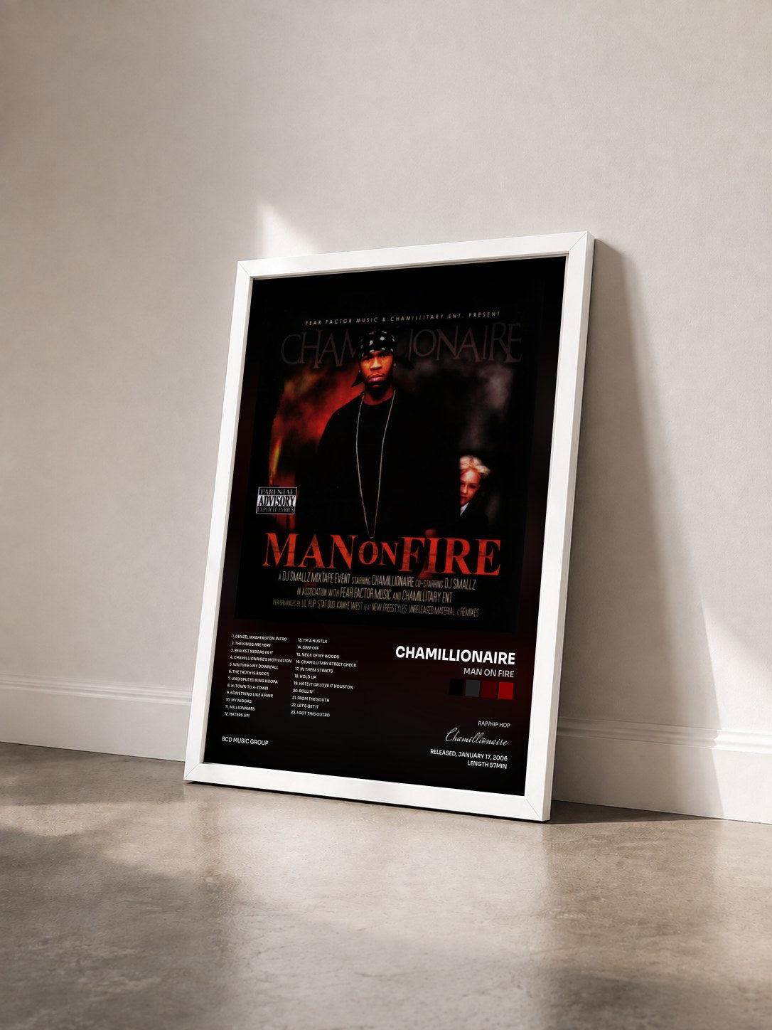 #blanc Tableau de l'album Man On Fire de Chamillionaire vu de trois quarts, cadre blanc
