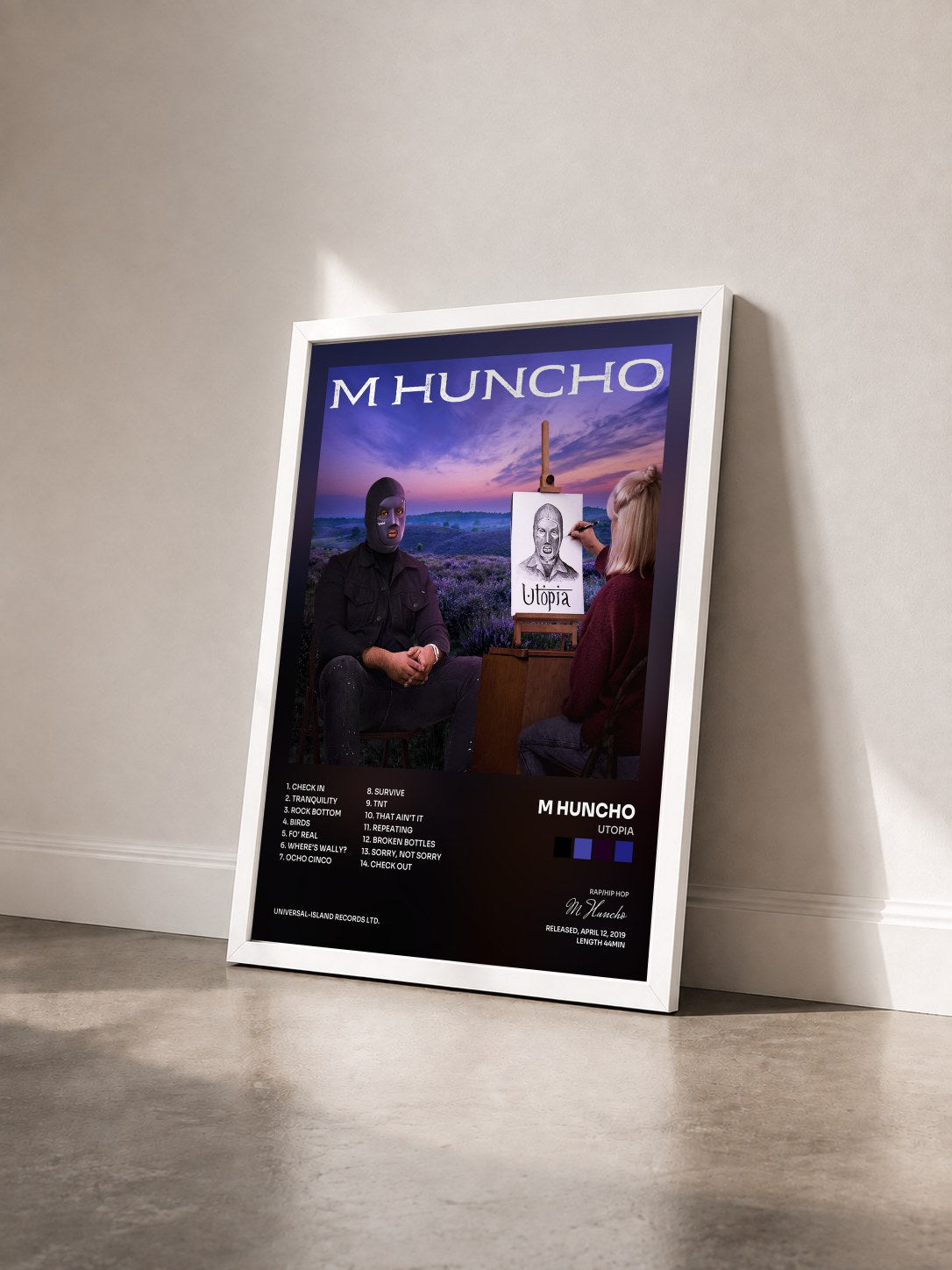 #blanc Tableau de l'album Utopia de M Huncho vu de trois quarts, cadre blanc