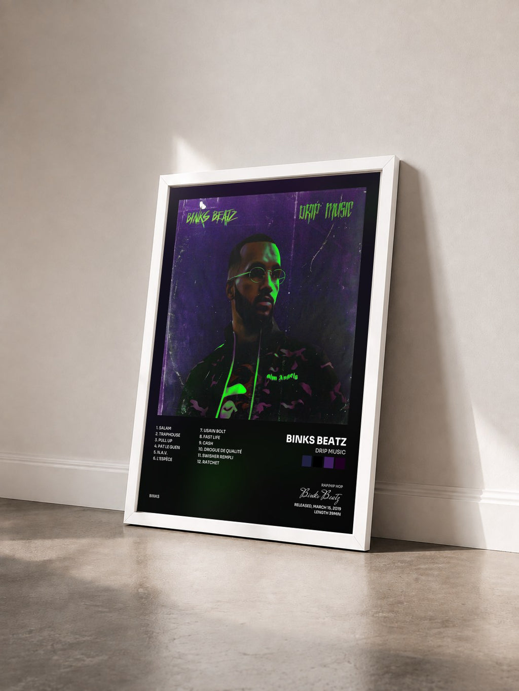 #blanc Tableau de l'album Drip Music de Binks Beatz vu de trois quarts, cadre blanc