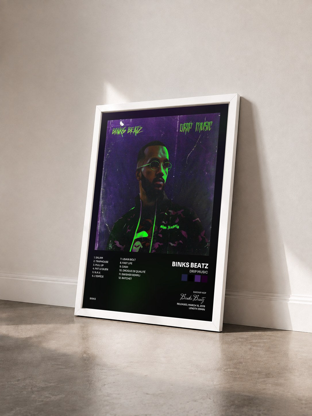 #blanc Tableau de l'album Drip Music de Binks Beatz vu de trois quarts, cadre blanc
